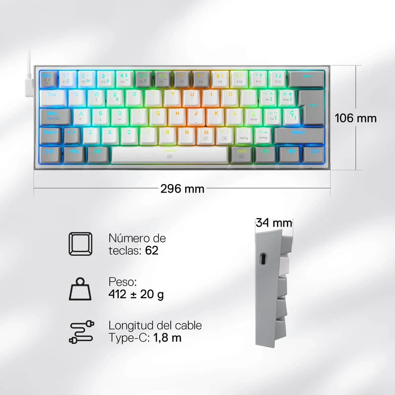 FIZZ K617ES Teclado Mecánico Mini 60% – Blanco y Gris