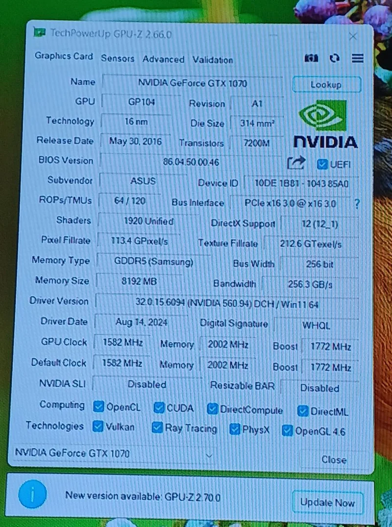 Carte graphique ASUS : DUAL-GTX1070-O8G