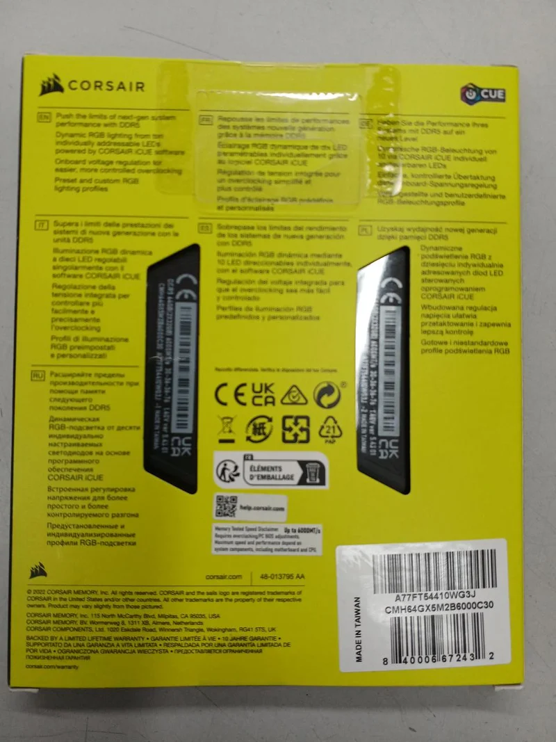Mémoire vive CORSAIR DDR5-6000 MHz haute vitesse non ouverte CMH64GX5M2B6000C30