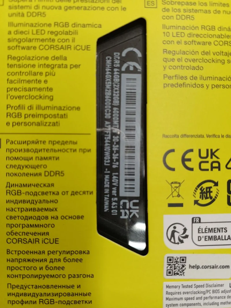 Mémoire vive CORSAIR DDR5-6000 MHz haute vitesse non ouverte CMH64GX5M2B6000C30