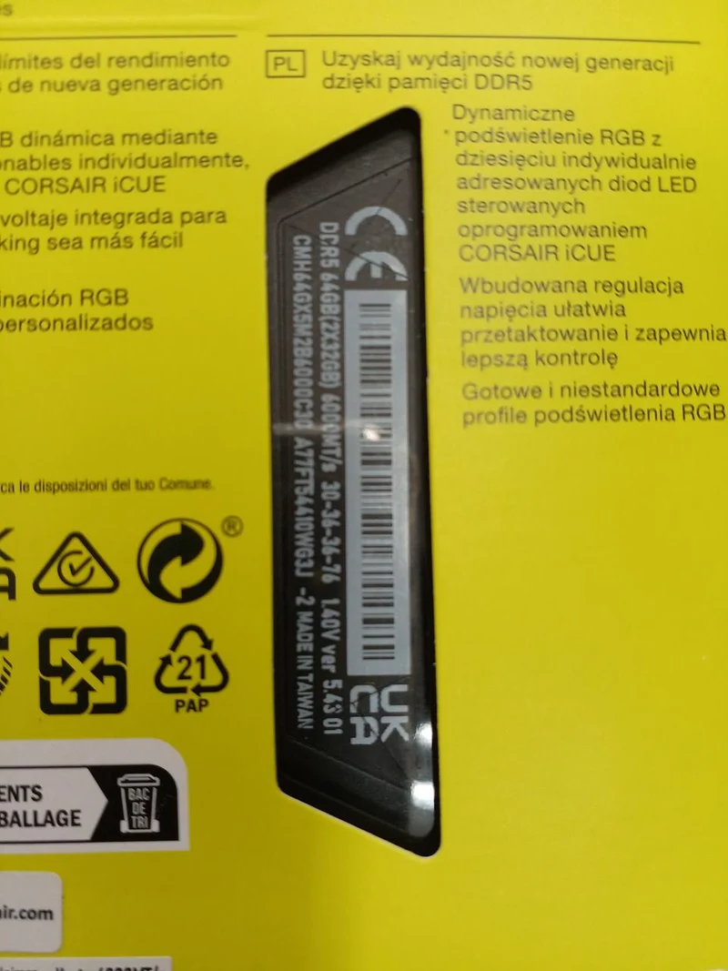 Mémoire vive CORSAIR DDR5-6000 MHz haute vitesse non ouverte CMH64GX5M2B6000C30