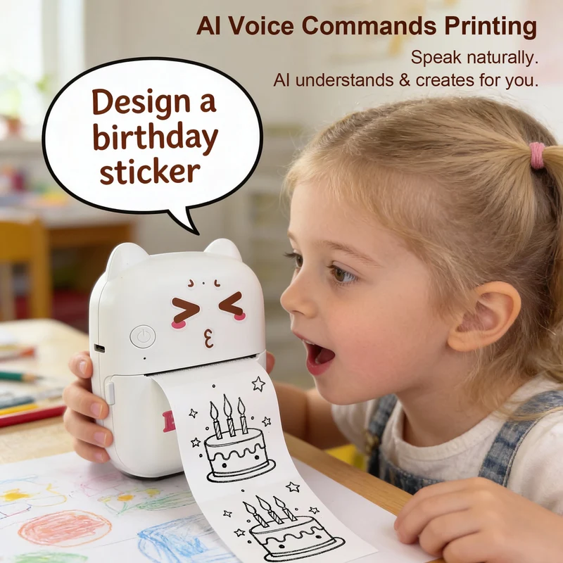AI Mini Printer Sticker Print Portable Thermal Inkless Maker Bluetooth Pocket Instant Printing for School Office Home for Study Note,Journal,DIY,Gift