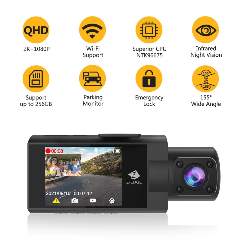 Refurbished: Z-EDGE Z3 Pro Dual Dash Cam, WiFi&App Connection, 2K+1080P Front and Inside Dash Cam, IR Night Vision