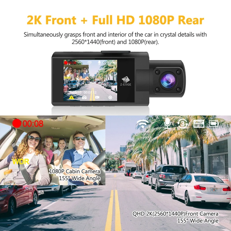 Refurbished: Z-EDGE Z3 Pro Dual Dash Cam, WiFi&App Connection, 2K+1080P Front and Inside Dash Cam, IR Night Vision