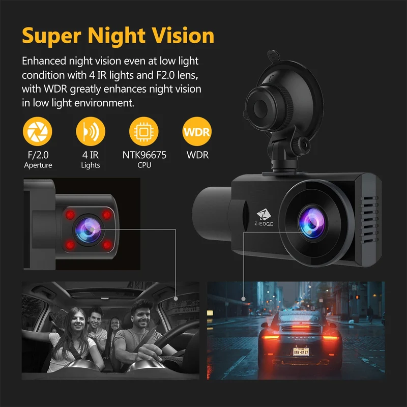 Refurbished: Z-EDGE Z3 Pro Dual Dash Cam, WiFi&App Connection, 2K+1080P Front and Inside Dash Cam, IR Night Vision