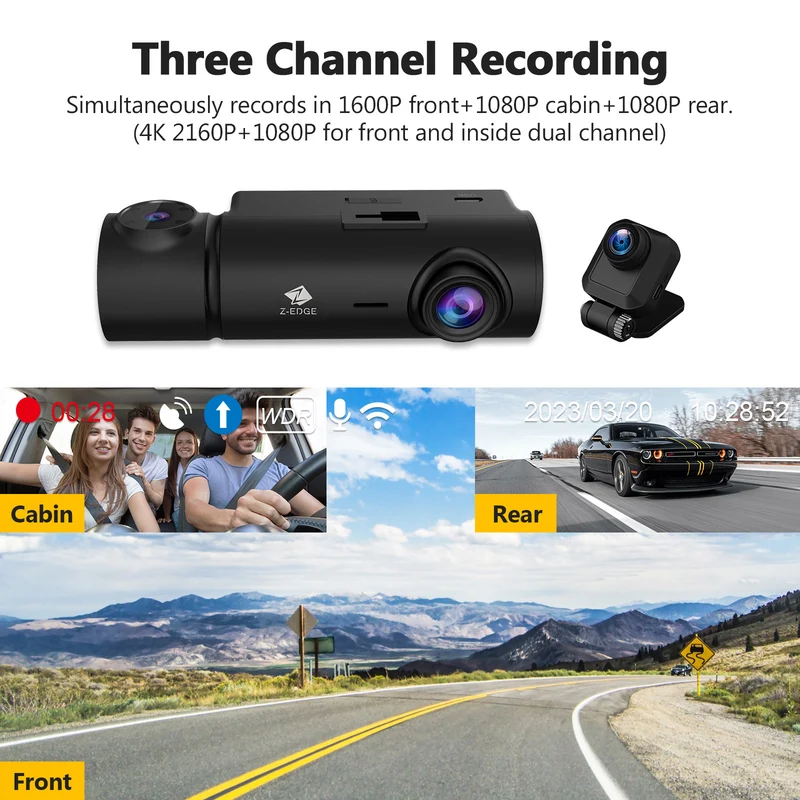 Refurbished: T3P 3-Channel Touch Screen 4K Dash Cam, 4K+1080P Front and Inside, 1600P+1080P+1080P Car Camera, WiFi&App Connection, IR Night Vision, Super Capacitor, Support 512GB Max (64GB Card Included)