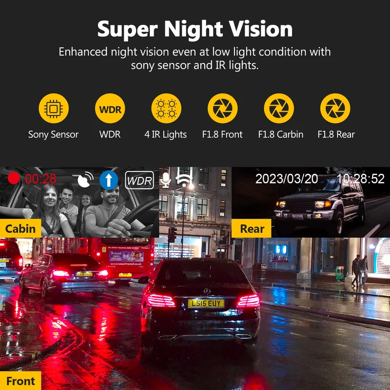 Refurbished: T3P 3-Channel Touch Screen 4K Dash Cam, 4K+1080P Front and Inside, 1600P+1080P+1080P Car Camera, WiFi&App Connection, IR Night Vision, Super Capacitor, Support 512GB Max (64GB Card Included)