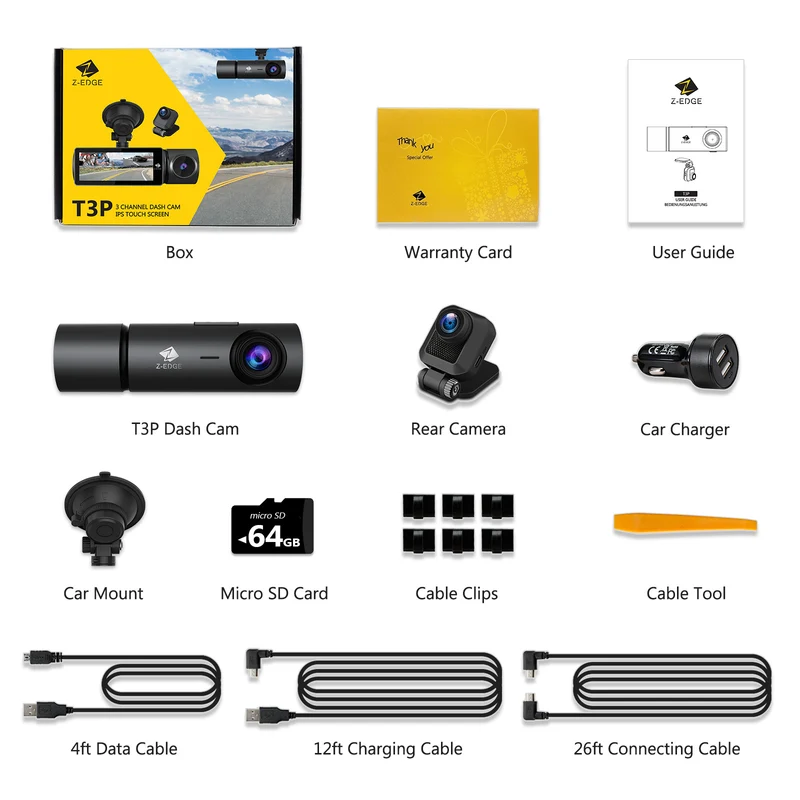 Refurbished: T3P 3-Channel Touch Screen 4K Dash Cam, 4K+1080P Front and Inside, 1600P+1080P+1080P Car Camera, WiFi&App Connection, IR Night Vision, Super Capacitor, Support 512GB Max (64GB Card Included)