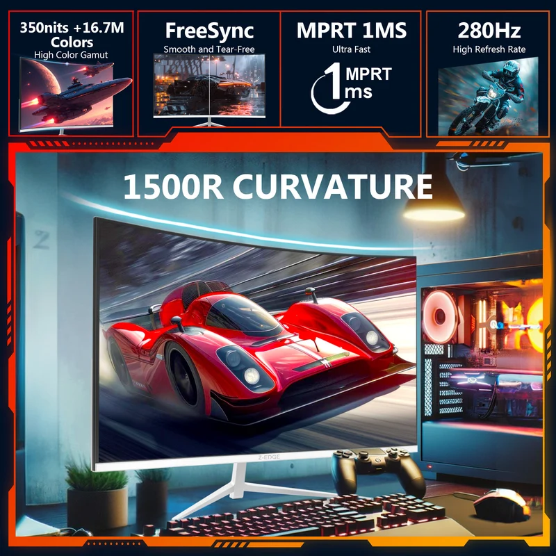 Z-EDGE UG27P 27" 280Hz Curved Gaming Monitor, White Monitor