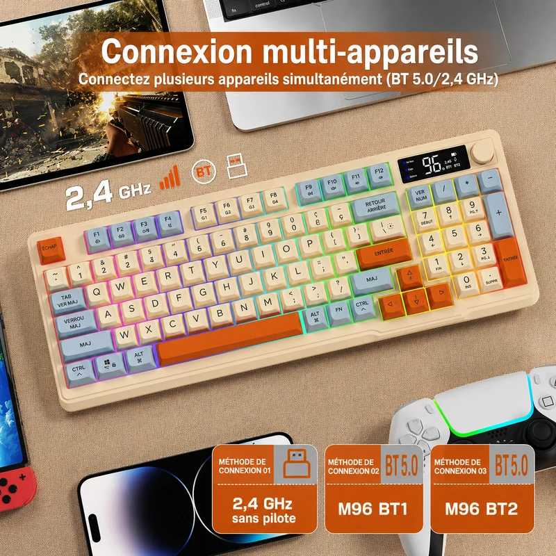 Clavier Gamer Sans Fil Beige Orange Qwerty