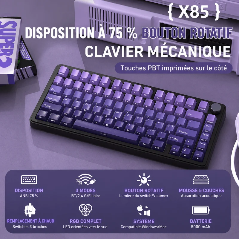 Clavier Gamer Sans Fil Violet Dégradé Qwerty