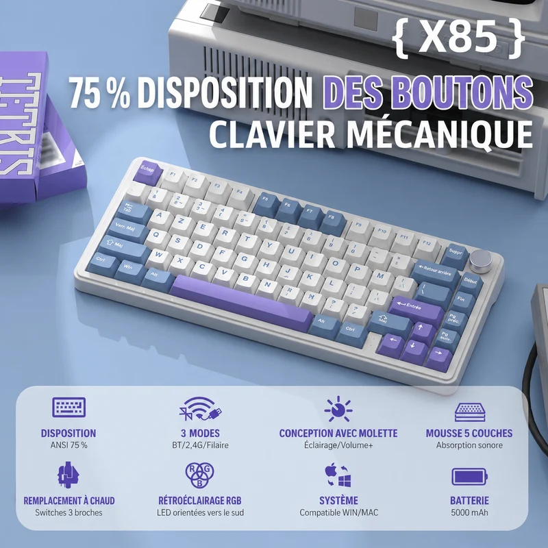Clavier Gamer Sans Fil Blanc Violet Qwerty