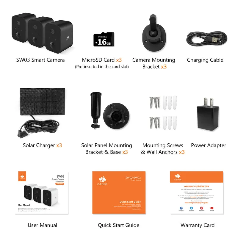 SW03 Wireless Smart Camera with Solar Panel, Includes 16G SD card,3pack