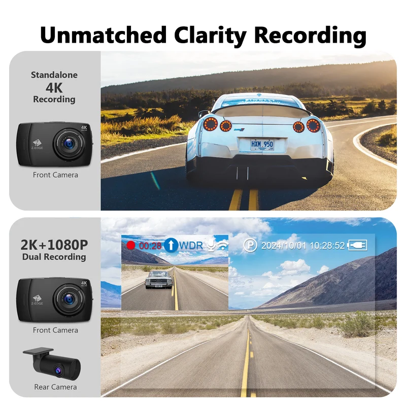 Z-EDGE T4 4" Touch Screen 4K Dual Dashcam (32GB MicroSD Card Included)