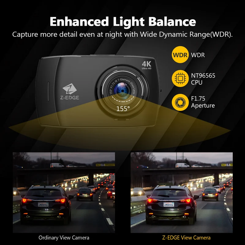Z-EDGE T4 4" Touch Screen 4K Dual Dashcam (32GB MicroSD Card Included)
