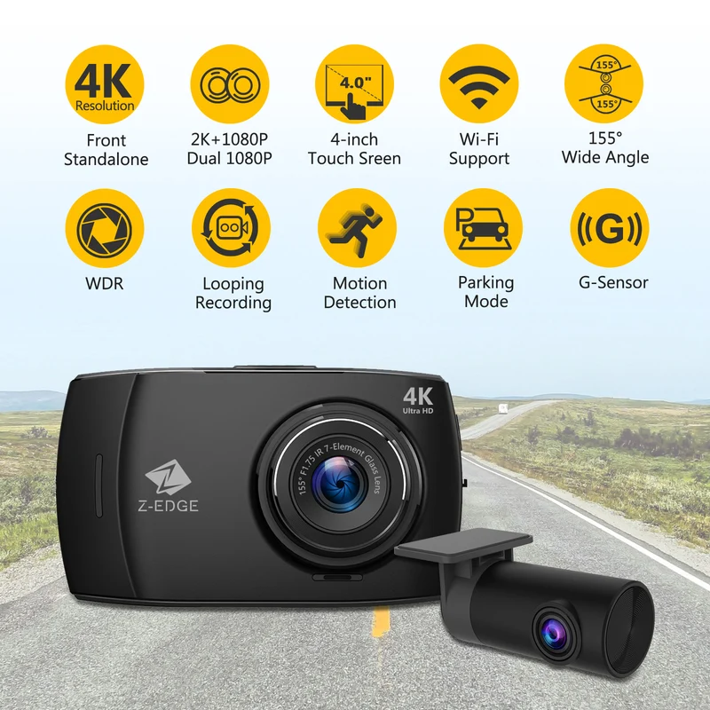 Z-EDGE T4 4" Touch Screen 4K Dual Dashcam (32GB MicroSD Card Included)