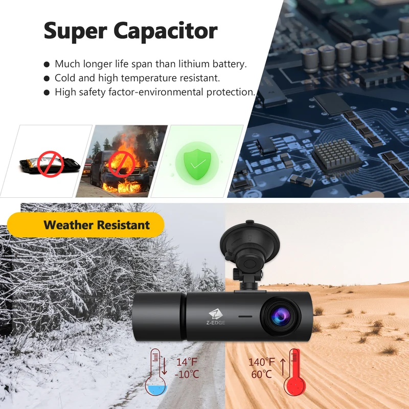 Z-EDGE T3P 3-Channel Touch Screen IR Night Vision & Super Capacitor 4K Dash Cam (64GB Card Included)