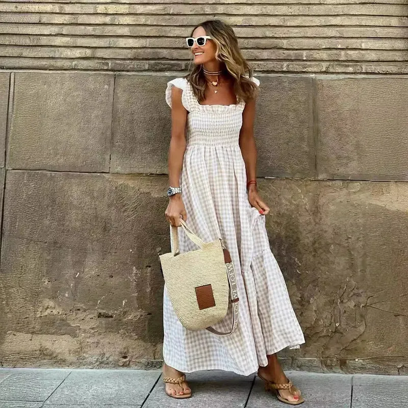 Robe Longue à Carreaux Vichy – Style Rétro Chic avec Volants et Poitrine Élastique