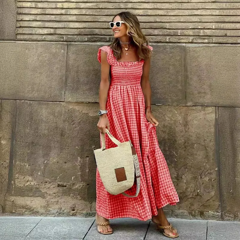 Robe Longue à Carreaux Vichy – Style Rétro Chic avec Volants et Poitrine Élastique