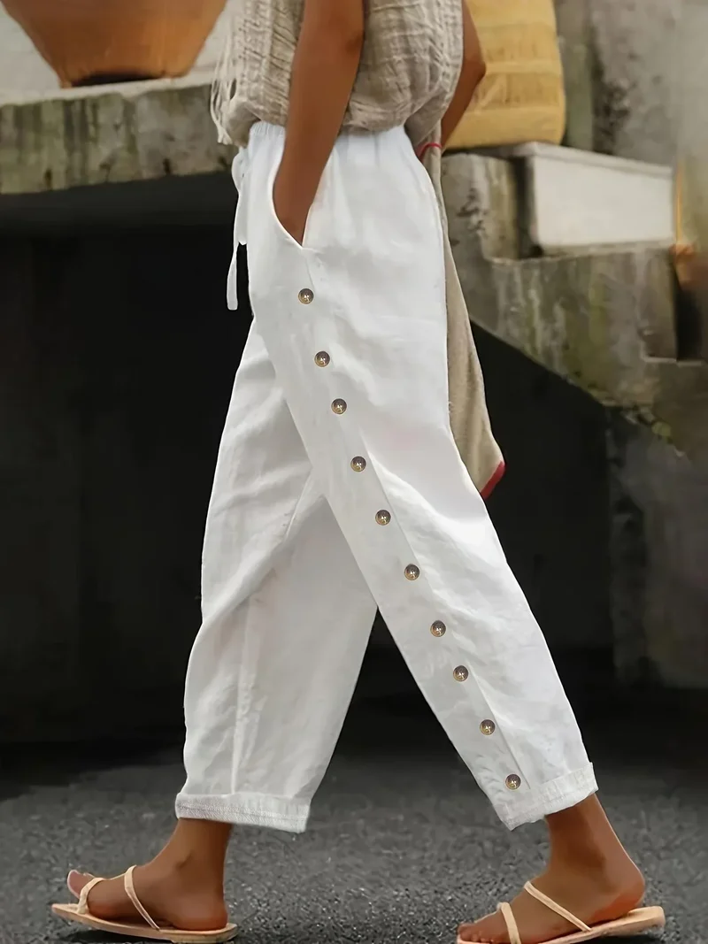 Pantalon en Lin & Coton à Taille Élastique 7/8 - Détail Bouton Longueur