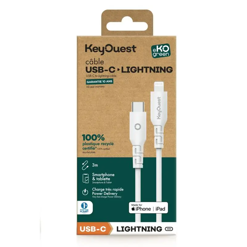 Câble eKOgreen recyclé USB-C/Lightning 2.4A - 3m - Blanc