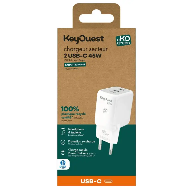 Chargeur Secteur eKOgreen recyclé GaN 2 ports USB-C 45W - Blanc