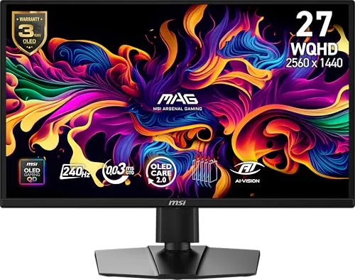 msi MAG 272QP QD-OLED X24 27-Inch WQHD Gaming Monitor, 2560 x 1440 Quantum Dot OLED Panel, 240Hz, 0.03ms, Adaptive-Sync, HDMI2.1, DP 1.4a, Tilt/Height Adjustable, Black