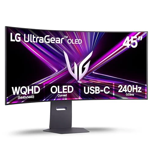 LG 45GX900A-B 45-Inch Ultragear WQHD (3440 x 1440) OLED Curved Gaming Monitor, 240Hz, 0.03ms, NVIDIA G-Sync, VESA DisplayHDR True Black 400, HDMI 2.1, DisplayPort, USB Type-C PD 65W