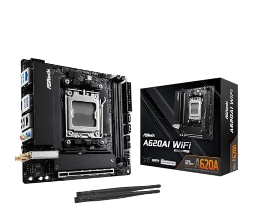ASRock A620AI WiFi AMD AM5 Mini-ITX Motherboard, Supports AMD Ryzen 9000/8000/7000 Series Processors, DDR5 8200+ (OC), PCIe 4.0, Dual LAN, WiFi 6E, 8+2+1 Power Phase