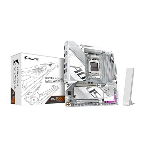 GIGABYTE B850M AORUS Elite WIFI6E ICE AMD AM5 mATX Motherboard, Support AMD Ryzen 9000/8000/7000 Series, DDR5, 12+2+2 Power Phase, 2X M.2, PCIe 5.0, USB-C, WIFI6E, 2.5GbE, EZ-Latch, 5-Year Warranty