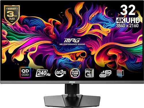 msi MPG 321URX QD-OLED, 32" 4K UHD Quantum Dot OLED Gaming Monitor, 3840 x 2160, 0.03ms, 240Hz, True Black HDR 400, 90W USB Type C, HDMI, DP Port
