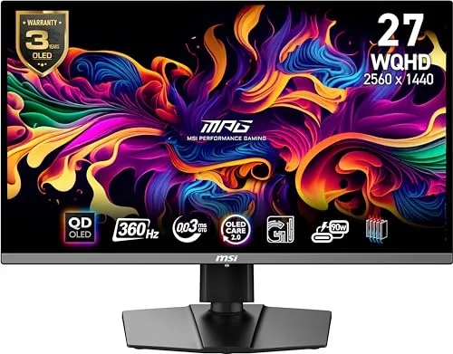 msi MPG 271QRX QD-OLED, 27 OLED Gaming Monitor, 2560 x 1440 (QHD), 0.03ms Response time, 360Hz, True Black HDR 400, HDMI, DP Port, USB Type C, Tilt, Height, Black