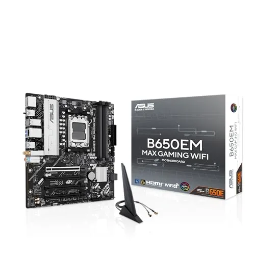 ASUS B650EM MAX Gaming WiFi AMD B650 mATX Motherboard, DDR5, PCIe 5.0 Ready, 3X M.2 Slots, WiFi6, 1Gb Ethernet, DisplayPort, HDMI, Rear USB 10Gbps Type-A & Type-C Ports, BIOS Flashback, Aura Sync