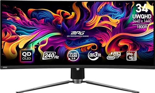 msi MPG 341CQPX QD-OLED 34-inch Curved OLED Gaming Monitor, 3440 x 1440 (UWQHD), 0.03ms Response time, 240Hz, True Black HDR 400, HDMI, DP Port, USB Type C, Tilt, Height Adjustable