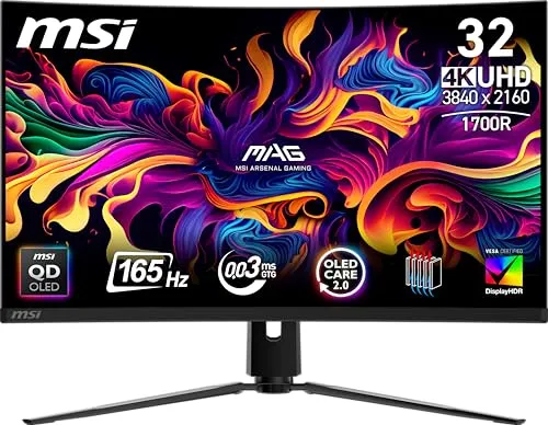 MSI MAG 321CUP QD-OLED 32-inch 3840 x 2160 (UHD) Computer Monitor, 165Hz, Adaptive-Sync, HDMI, DP Port, VESA Mountable, Tilt, Speaker, 0.03ms, Black