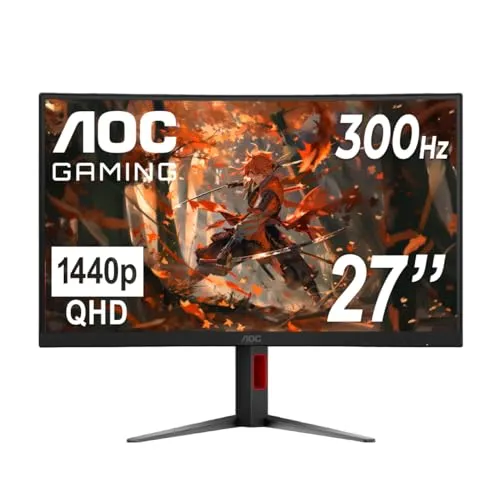 AOC CQ27G4ZH 27" Curved Gaming Monitor, QHD 2K 2560x1440, 1500R VA, 300Hz 0.3ms MPRT, HDMI x2, DP x1, Height Adjustable Stand, HDR, 3-Year Zero-Bright-dot