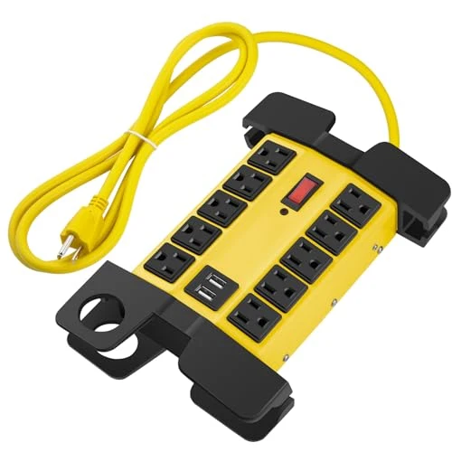 CCCEI Heavy Duty Power Strip with USB Ports, Garage 10 Outlets Surge Protector 2700 Joules, Industrial Workshop Metal 15Amp Multiple Outlets, 25 FT Extension Cord and Wide Spaced Yellow