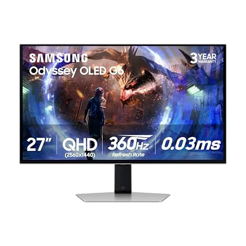 Samsung 27” Odyssey OLED G6 (G60SD) Series Gaming Monitor with QHD & QD-OLED, 360Hz 0.03ms, AMD FreeSync Premium Pro, Anti-Glare, Sleek Design, Cooling System, 3 Year Warranty, LS27DG602SNXZA