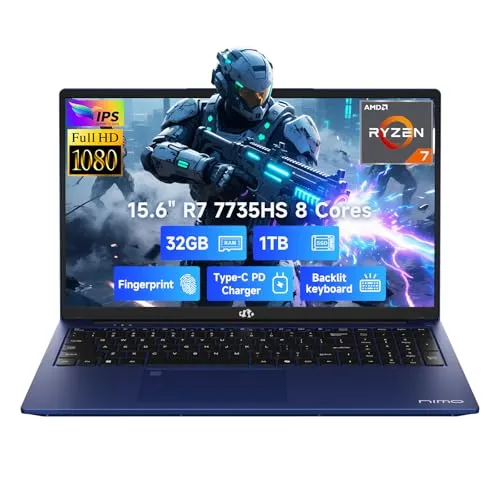 NIMO 15.6" IPS FHD Gaming-Laptop, AMD 8 Cores Ryzen 7 7735HS 32GB DDR5 RAM 1TB SSD (Beats i7-12650H, Up to 4.75GHz) Computer with Radeon 680M 100W Type-C Backlit Keyboard Fingerprint Unlock, Blue