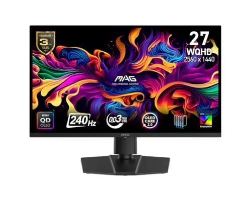 MSI MAG 271QP QD-OLED X24 27-inch 2560 x 1440 (QHD) Gaming Monitor, 240Hz, Adaptive-Synch, HDMI, DisplayPort, VESA Mountable, Tilt, Height Adjustable, Speaker, 0.03ms, Black
