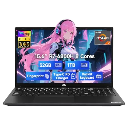 NIMO 15.6" IPS FHD-Gaming-Laptop, 8 Cores AMD Ryzen 7 6800H 32GB DDR5 RAM 1TB SSD (Beat i7-12700H, Up to 4.7GHz) AMD Radeon 680M GPU-Computer with 100W GaN Type-C Backlit Keyboard Fingerprint