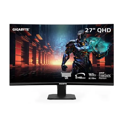 GIGABYTE GS27QC 27" 165Hz 1440P Curved Gaming Monitor, 2560 x 1440 VA 1500R Display, 1ms (MPRT) Response Time, HDR Ready, FreeSync Premium, 1x Display Port 1.4, 2X HDMI 2.0,Black