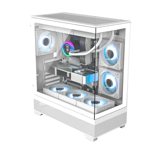 Power Train White ATX PC case, 3 RGB Fans Pre-Installed, ATX Mid Tower PC Case, White, USB Type C Port, 410mm GPU, 270° Panoramic Tempered Glass Front & Side Panel, 360mm Radiator Support