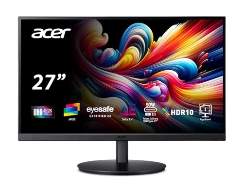 Acer 27 Inch 4k IPS Monitor for Home, Office & Creators | 99% sRGB Color Accuracy | 90w USB-C Port Charges and Connects | Adjustable Height, Tilt, Swivel, Pivot | USB-C, DP & HDMI | CB272K