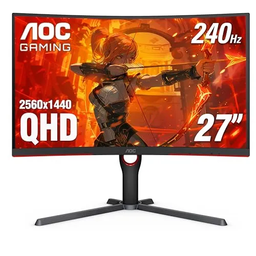 AOC CQ27G3Z 27" Curved Gaming Monitor, QHD 2K 2560x1440, 1000R VA, 240Hz 0.5ms, FreeSync Premium, Height Adjustable Stand, Xbox PS5 Switch, 3-Year Zero-Bright-dot,Black