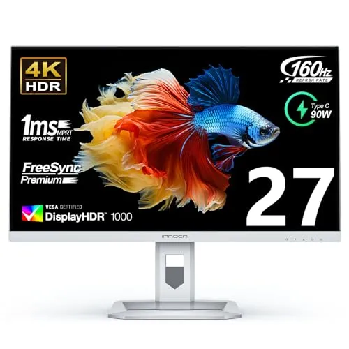 INNOCN 27" 4K Monitor Gaming 160Hz UHD 3840 x 2160p 1ms IPS HDR1000 HDMI 2.1 Computer Monitor, 99% DCI-P3, USB Type-C Connectivity, Pivot Sensor, Height Adjustable Stand - 27M2V