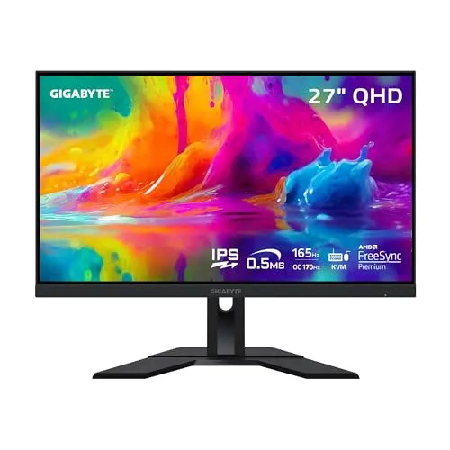 GIGABYTE M27Q 27" 165Hz 1440P -KVM Gaming Monitor, 2560 x 1440 SS IPS Display, 0.5ms (MPRT) Response Time, 92% DCI-P3, HDR Ready, FreeSync Premium, 1x Display Port 1.2, 2x HDMI 2.0, 2x USB 3.0