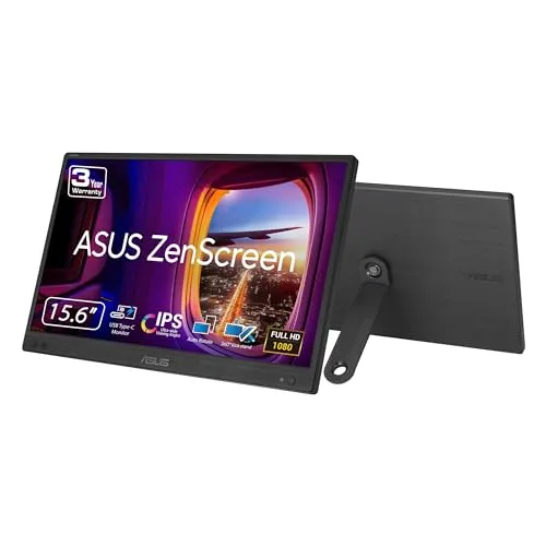 ASUS ZenScreen 16” (15.6 inch viewable) Portable USB Monitor (MB166CR) - Full HD, IPS, USB Type-C, Flicker Free, Blue Light Filter, Anti-glare surface, 360° kickstand, Protective Sleeve, 3 yr warranty