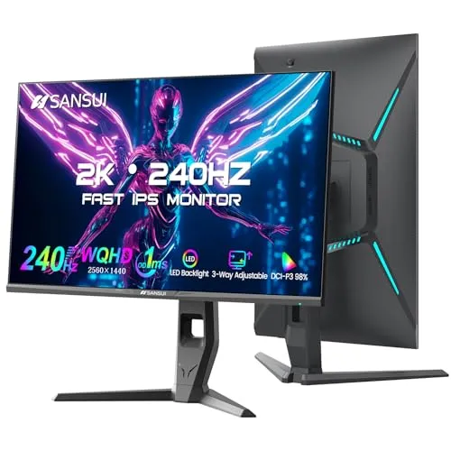 SANSUI 27 Inch WQHD 240Hz Gaming Monitor 1440P-1ms AMD FreeSync 丨DCI-P3 98% 丨Fast IPS丨Speakers丨HDR10 丨2×DisplayPort 1.4丨2×HDMI丨Height Adjustable Vertical/Horizontal Rotating Gaming PC Monitor