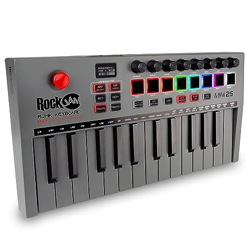 RockJam, Go 25 Key USB and Bluetooth MIDI Keyboard Controller with 8 Backlit Drum Pads, 8 Knobs, One-Size (RJMK25)